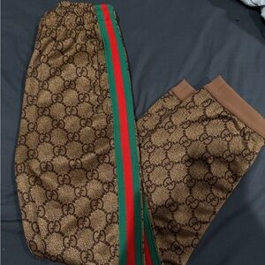 Gucci Brown Monogram Joggers with Red and Green Stripe